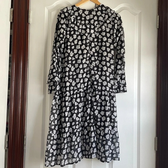 Udel Black and White Floral Print Long Sleeve Dress Midi Knee Length Size Small - Picture 3 of 9